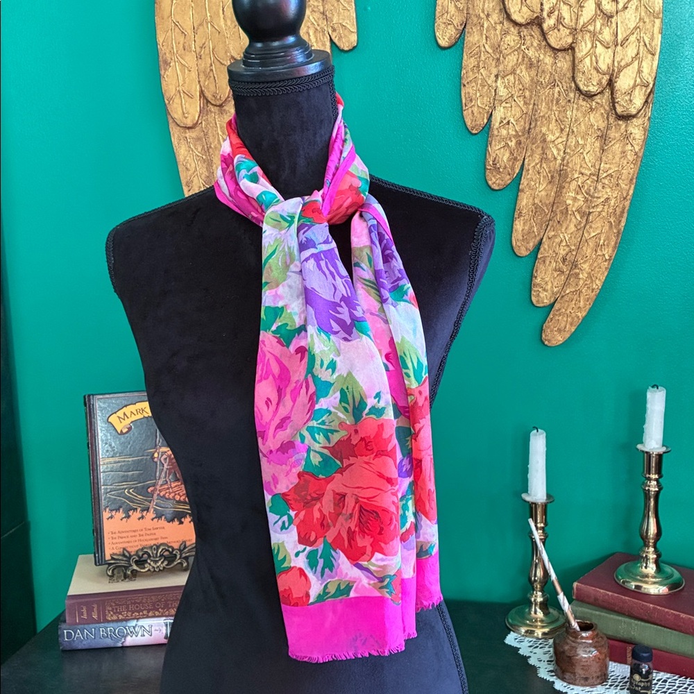 Vintage Oscar de La Renta Fuchsia tie-dye floral silk lightweight summer scarf